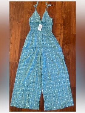 NWT Patrons Of Peace Boho Wide Leg Jumpsuit Romper Size M Teal Smocked Top Ties